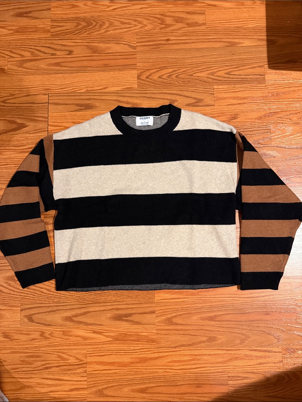 Old Navy So Soft Striped Cropped Black White Brown Sweater NWOT